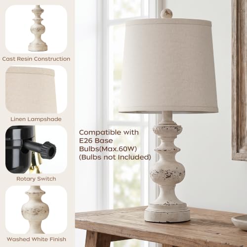 Farmhouse Table Lamp Set of 2, Rustic Table Lamps for Living Room Bedroom, 22" Mid Century Modern Desk Lamp Bedside Nightstand Lamps with Linen Tapered Drum Shades, Washed White - color: Washed White
