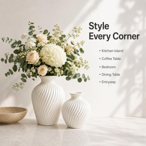 White Ceramic Vase Set of 2|Flower Vase for Home Decor with Rustic Textured