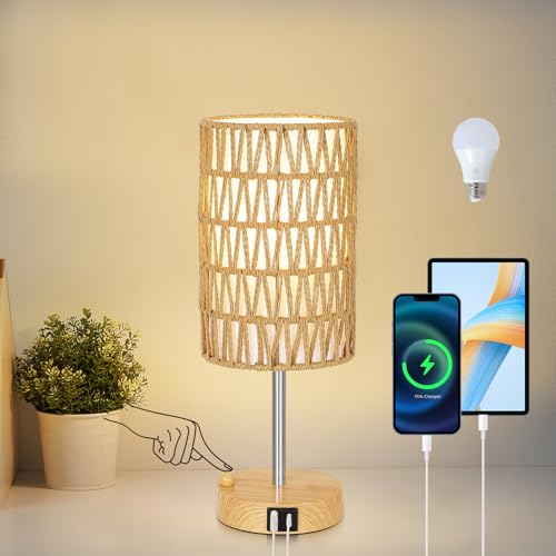 Boho Table Lamp for Bedroom with Bulb, Small Touch Control Table Lamp for Living Room with Rattan & Linen Shade, 3 Way Dimmable Bedside Lamp for Nightstand with USB Charging Port & Phone Stand - color: Faux wood