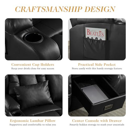 Loveseat Recliner Sofa,RV Wall Hugger Recliners with Flip-up Console,Reclining Loveseat Sofa Recliner with Cup Holders/Lumbar Pillows for Small Spaces,RV Furniture (Black,68" 2-Seater) - color: Black, size: 68" 2-Seater