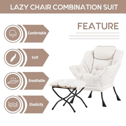 Lazy Chair with Ottoman, Comfy Accent Reading Chair, Beige | Foldable Footrest,Removable Cover,with Armrests and Side Pockets,Upholstered Lounge Chair for Bedroom,Dorm,Office,Small Space - color: Beige