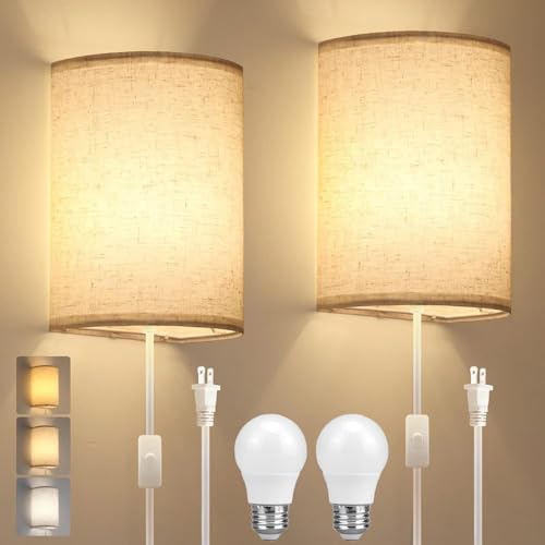 Plug in Wall Sconce, 3 Color Wall Sconces Set of Two, Industrial Lamp | with Plug in Cord, Rustic Wall Sconce Fixture, On/Off Switch Vintage Wall Light Fixture for Headboard Bedroom Porch (Beige) - color: Beige