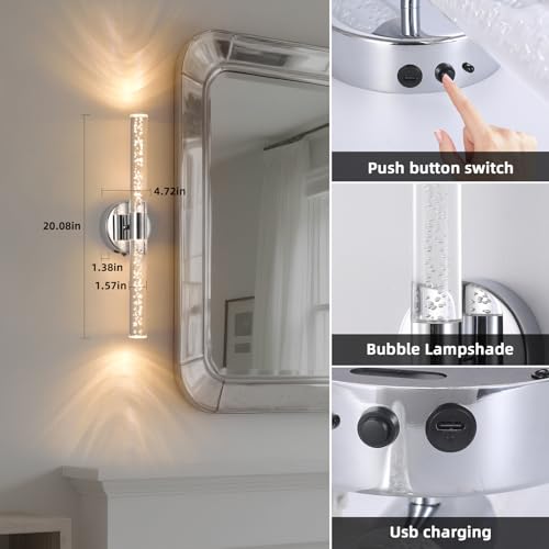 Silver Wall Light LED Battery Operated Wall Sconces(2 Pack), 20-Inch Dimmable Crystal Wall Sconce, Rechargeable Chrome Bubble Wall Lights, Wireless Wall Lamp for Bedroom, Living Room - color: Chrome