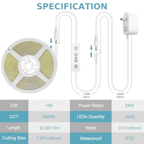 32.8ft COB LED Strip Light 6500K Bright Daylight White Dimmable DC 24V | Flexible LED Rope Lights with Remote LED Lights Strip for Bedroom, Living Room, Shelf, Cabinet - style: 32.8FT-6500K Daylight White