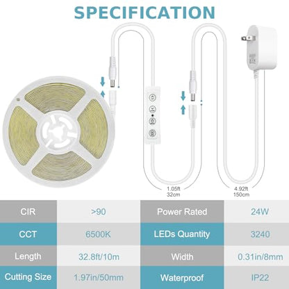 32.8ft COB LED Strip Light 6500K Bright Daylight White Dimmable DC 24V | Flexible LED Rope Lights with Remote LED Lights Strip for Bedroom, Living Room, Shelf, Cabinet - style: 32.8FT-6500K Daylight White