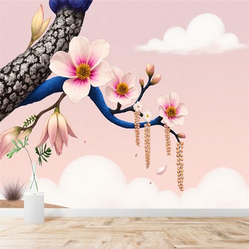 Custom Size Wall Sticker Mural， Blooming Magnolia Tree with Clouds， for wall Decoration， peelandstick wall Decals.
