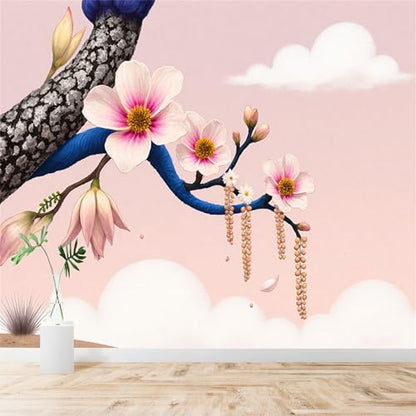 Custom Size Wall Sticker Mural， Blooming Magnolia Tree with Clouds， for wall Decoration， peelandstick wall Decals.
