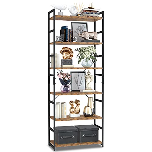 NUMENN 6 Tier Bookshelf, Tall Freestanding Open Storage Bookcase, Vintage | Storage Organizer with Metal Frame & Wood Shelves, Support Bars & Adjustable Feet for Bedroom, Living Room & Home Office - color: Vintage, size: 6 Tier