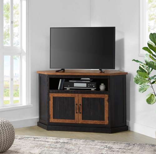 Martin Svensson Home Rustic Corner Solid Wood TV Stand, Black with Honey | Entertainment Center, for TVs up to 55", Two Door Cabinet, Open Storage shelf - color: Black With Honey Top