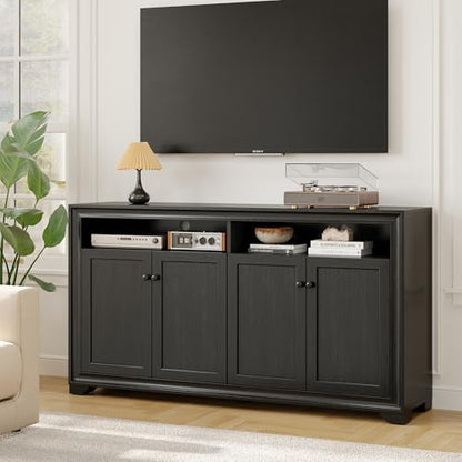 60 Inches Sideboard Buffet Cabinet with Storage and 4 Doors, Black | Large Sideboard Kitchen Cabinet with Open Shelf & Adjustable Shelf, Kitchen Coffee Bar Console Table for Living Room, Hallway - color: Black
