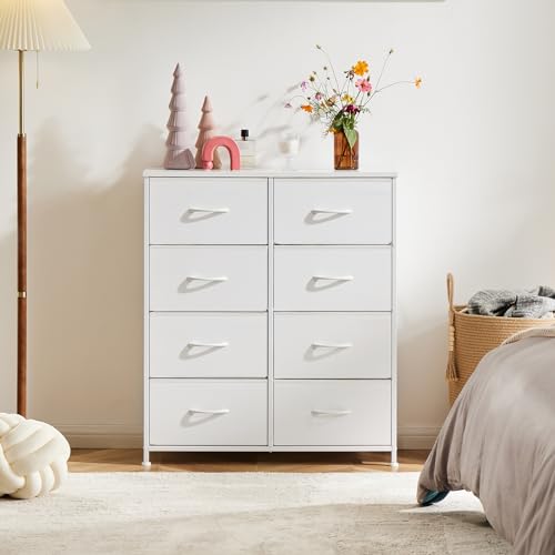 Sweetcrispy Dresser for Bedroom, Chest Organizer Unit with 8 Fabric Bins | Storage Tower, Drawer Organizer with Steel Frame, Wooden Top for Living Room, Closet - color: White, size: 31.5"D x 11.8"W x 36.4"H (8 Drawers)
