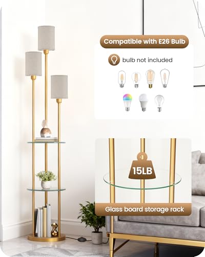 Floor Lamp with Shelves, Modern Floor Lamp with 3 Linen Shades and Foot Switch, 3-Light Standing Lamp, for Living Room, Bedroom, Study, Office, Gold and Beige ED53LD05 - color: Gold + Beige