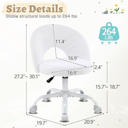 VINGLI Small Vanity Chair with Faux Fur Wheels for Girls,Cute Adjustable Height Armless Office Desk Chair,360°Swivel Comfy Rolling for Study,Make up Room,Small Space,White - color: Furry White