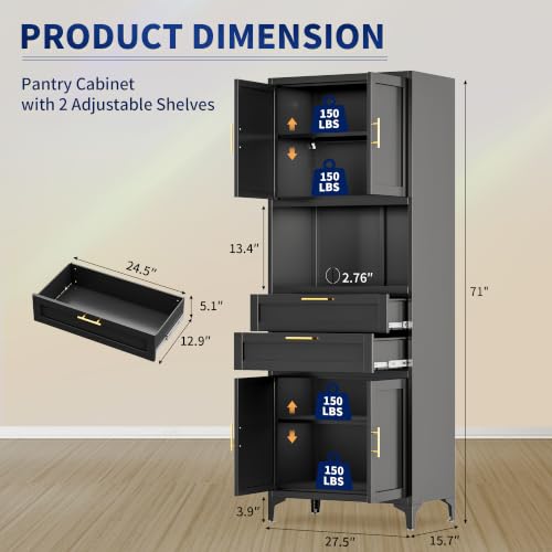 Tall Kitchen Pantry Cabinet, Metal Storage Cabinet with 2 Drawers and Adjustable Shelves, 71" Kitchen Pantry Cupboard, Freestanding Cupboard for Kitchen,Dining Room, Black - color: Black, size: 71"H