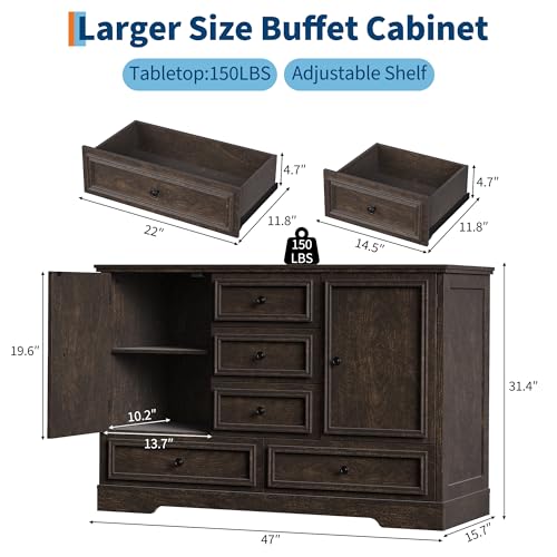 GarveeHome 47" Farmhouse Sideboard Buffet Cabinet, Sideboard Storage credenza with 5 Drawers and 2 Doors, Wood Coffee Bar Cabinet, Buffet Table for Dining Room Living Room, Brown - color: Brown