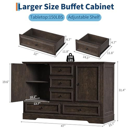 GarveeHome 47" Farmhouse Sideboard Buffet Cabinet, Sideboard Storage credenza with 5 Drawers and 2 Doors, Wood Coffee Bar Cabinet, Buffet Table for Dining Room Living Room, Brown - color: Brown