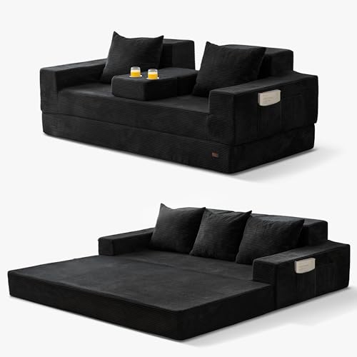 MAXYOYO Sofa Bed, 80-Inch Oversized Boneless Loveseat, 2 Cup Holders | Corded Black 4-in-1 Boneless Couch Converts Into a Floor Sofa or Chair; Sofa-in-a-Box Design Requires No Assembly. - color: Corded Black, size: Oversized(80" Length)