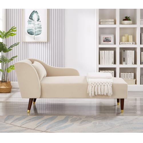 Bellemave Chaise Lounge Indoor, Velvet Upholstered Lounge Chair with Pillow, Solid Wood Legs Modern Chaise Lounge Chair for Living Room Bedroom Office (Beige) - color: Beige