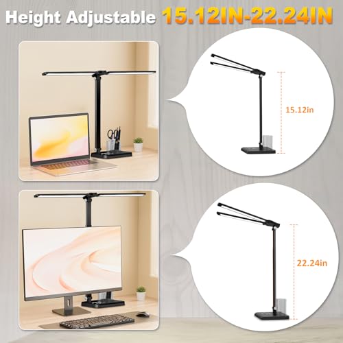 Retractable Dimmable LED Desk Lamp with USB Charging Port Desk Light | Height Adjustable 50 Lighting Modes Dual Swing Arm Architect Adjustable Table Lamp Light for Home Office Dorm Nail, Black - color: Pure Black