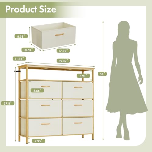 Solid Wood Dresser, Dresser with 6 Drawers, Solid Bamboo Frame Paired with Fabric Storage Boxes, Large Capacity, Stable and Durable, Versatile Style, for Bedrooms, Living Rooms, and Hallways - size: 11.8"D x 39.4"W x 37.8"H (6 Drawers)