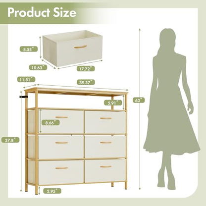 Solid Wood Dresser, Dresser with 6 Drawers, Solid Bamboo Frame Paired with Fabric Storage Boxes, Large Capacity, Stable and Durable, Versatile Style, for Bedrooms, Living Rooms, and Hallways - size: 11.8"D x 39.4"W x 37.8"H (6 Drawers)