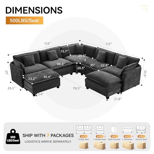 113'' V Shaped Cloud Sectional Sofa, Oversized Deep Seat Couches for Living Room, Chenille Comfy Upholstered Modular Sectional Sofa Couch with 2 Movable Ottoman, Dark Grey - color: Dark Grey, size: 113'' V Shaped+2 Ottoman