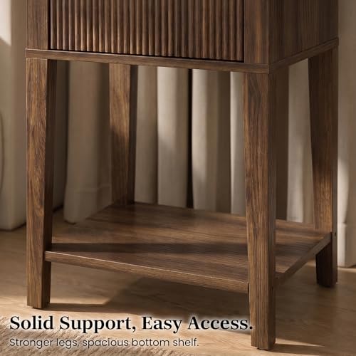 Dark Walnut 15.4" Wide Small Nightstand with Drawer,Open Shelf,Fluted | Deep wood tone, ribbed fluted front, 11.8-inch slim depth, concealed storage, styled for bedside, sofa side, or chair side - color: Dark Walnut