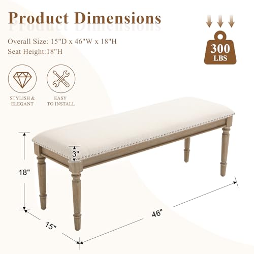 46'' French Country Entryway Bench Wooden Linen Fabric Upholstered Seat Dinng Bench with Nailhead Trim for Hallway End of Bed, Beige - color: Linen, Beige, Nailhead Trim