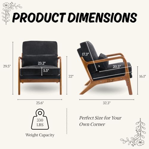 Karl home Mid-Century Modern Accent Reading Chair, Black | Chenille Upholstered, Solid Wood Frame, Soft Cushion, Lumbar Pillow, Lounge Armchair for Living Room, Bedroom, Balcony, Study - color: Chenille Black