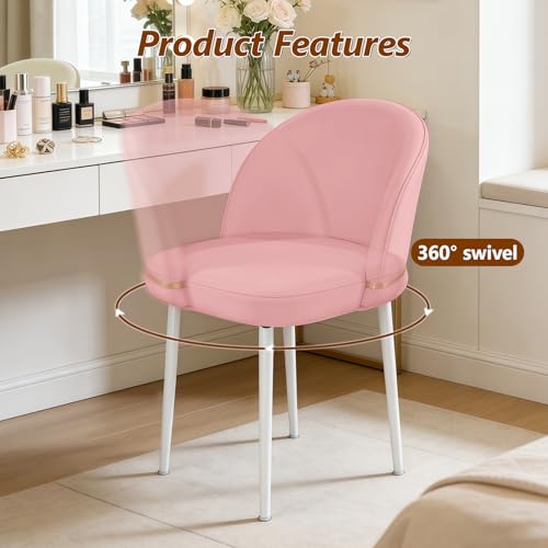 JPBSTO Swivel Vanity Chair No Wheels, Armless Desk Chair with Metal Legs, Accent Dining Chair with Ergonomic Backrest for Bedroom, Office, Dining Room, Pink - color: Pink, size: Set of 1