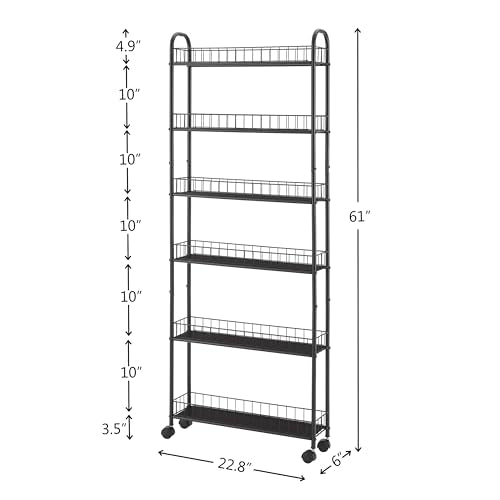 6 Tier Slim Rolling Storage Cart, Mobile Shelving Unit with Wheels, Metal Wire Storage Shelving Rack with Baskets for Bathroom Kitchen Office Laundry Narrow Piaces（ 6" D）