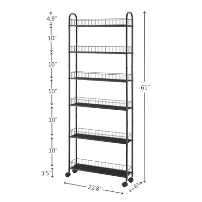6 Tier Slim Rolling Storage Cart, Mobile Shelving Unit with Wheels, Metal Wire Storage Shelving Rack with Baskets for Bathroom Kitchen Office Laundry Narrow Piaces（ 6" D）