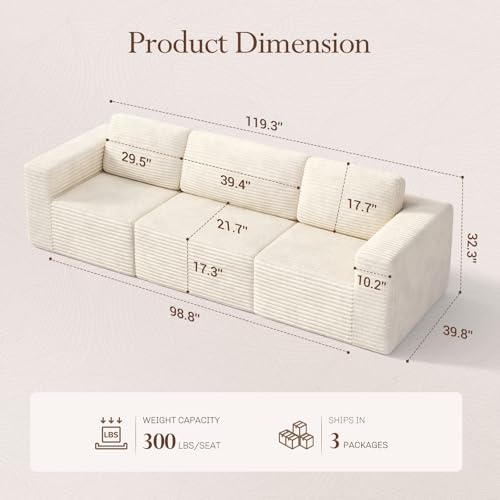 Vesgantti 119" Modular Sectional Sofa, Corduroy Cloud Couch with Deep Seating & Spring Support, 3 Seater Flexible Layout Sofa, Boneless Couch for Living Room & Apartment, No Assembly Required, Beige - color: 119" - 3 Seater Beige