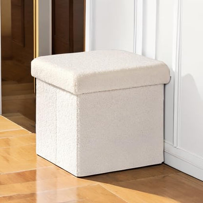 B FSOBEIIALEO Small Storage Ottoman Cube Sherpa Ottomans Foot Rest, Foldable Boucle Ottoman, Faux Teddy Fur, Cream White 12.6"x12.6"x12.6" - color: White, size: 12.6"D x 12.6"W x 12.6"H