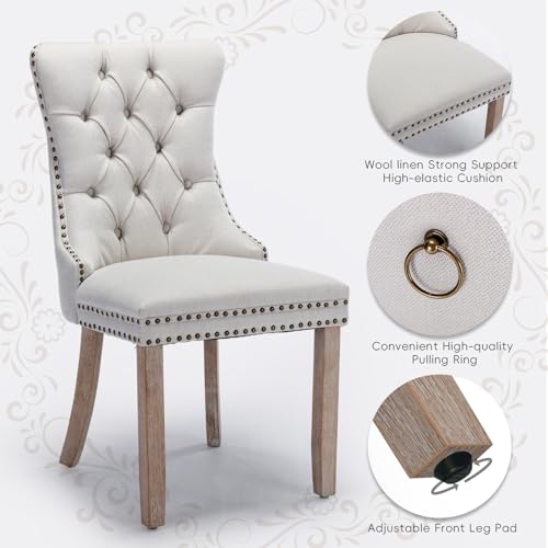 Linen Upholstered Dining Chairs Set of 2, Modern Style Kitchen Side Chairs with Nailhead Trim and Wood Leg, Metal Pulling Ring for Dining Room Living Room(Beige,Set of 2) - color: Beige-linen, size: Set of 2