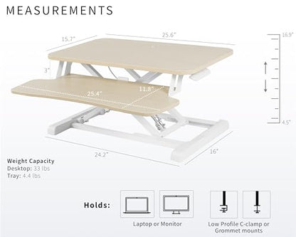 VIVO 26 inch Desk Converter, K Series, Height Adjustable Sit to Stand Riser, Dual Monitor and Laptop Workstation with Keyboard Tray, Light Wood Top, White Frame, DESK-V026KF | Height Adjustable, Stand Up Desk Riser, Wide Keyboard Tray, Dual Monitor and La
