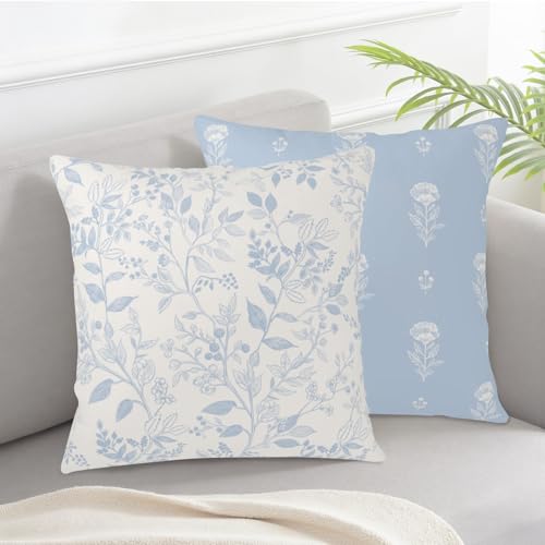 Light Blue Floral Throw Pillow Covers 18x18 Inch Set of 2 Blue and Cream Botanical Vintage Flower Cushion Covers Rustic Farmhouse Neutral Accent Pillowcases for Home Couch Decor - color: Daily Floral Light Blue, size: 18" x 18" (Pack of 2)