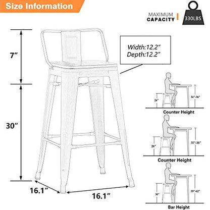Yongchuang Metal Bar Stools Set of 4, 30" Black Bar Height Stools with Back | Industrial Kitchen Barstools for Kitchen Island Dining Room, Low Back Bar Chairs with Wood Seat, 330LBS Weight Capacity - color: Black, size: 30" Set of 4