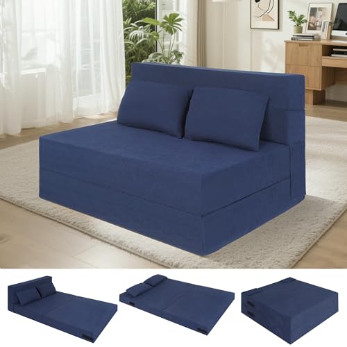 Fvkind Fold Out Chair Bed with Pillow High-Density Foam Standard Size, Blue | Soft Corduroy Fabric - Portable Guest Bed - Bedroom & Guest Room - Adults & Visitors - Easy Storage - color: Blue, size: Twin