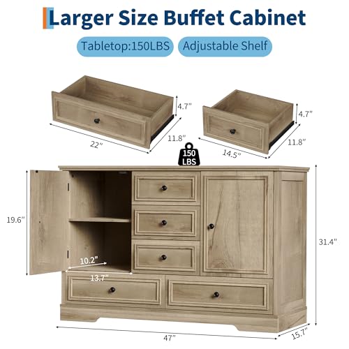 GarveeHome 47" Farmhouse Sideboard Buffet Cabinet, Sideboard Storage credenza with 5 Drawers and 2 Doors, Wood Coffee Bar Cabinet, Buffet Table for Dining Room Living Room, Oak - color: Oak