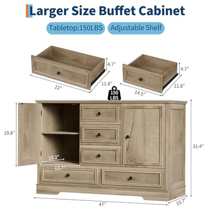 GarveeHome 47" Farmhouse Sideboard Buffet Cabinet, Sideboard Storage credenza with 5 Drawers and 2 Doors, Wood Coffee Bar Cabinet, Buffet Table for Dining Room Living Room, Oak - color: Oak