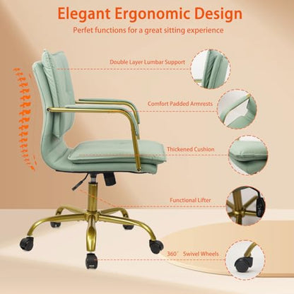 CLATINA Leather Home Office Desk Chairs, Swivel Mid-Back Computer Chair with Golden Legs and Arms, Comfy Upholstered Task Chair with Wheels, Green - color: Green