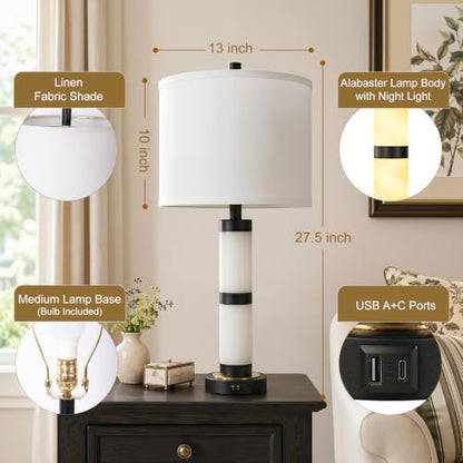KIVDITZO Alabaster Table Lamps Set of 2 with Night Light with USB A&C Ports | Nightstand Lamp, USB Ports, Alabaster Night Light, Modern Bedside Table Lamp, Bulbs Included, for Bedroom Living Room Office - color: Pure White