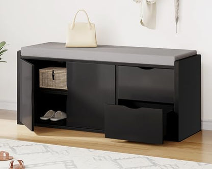 LVB 2-Tier Storage Bench with Padded Seat Cushion Shoe Bench with 2 Drawers | Removable Barn Doors & Adjustable Shelf, Industrial Shoe Bench for Hallway, Bedroom, Living Room,Black Oak, 40 Inch - color: Black Oak