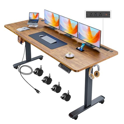 Electric Standing Desk with Wheels, 63'' x 24'' Standing Desk Adjustable Height with Charging Station, 2 USB Ports, 3 Power Outlets, 4 Caster, 27''-46'' Lifting Range Stand up Desk(Brown) - color: Brown, size: 63 x 24''