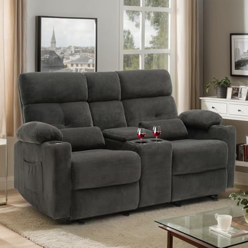 Power Reclining Loveseat with Console, Power Loveseat Recliner Sofa with Heat and Massage, Extended Footrest, Wall Hugger RV Reclining Couch with Cup Holders, Lumbar Support for Living Room - color: Grey, size: Loveseat