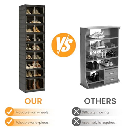 Foldable Shoe Organizer Storage Box, Portable Extra Large Folding Shoe Rack for Closet, Shoe Storage Box with Magnetic Transparent Door and Wheels, 9 Layers 18 Grids with 2 Big Grids - size: Black 9 Layers-B