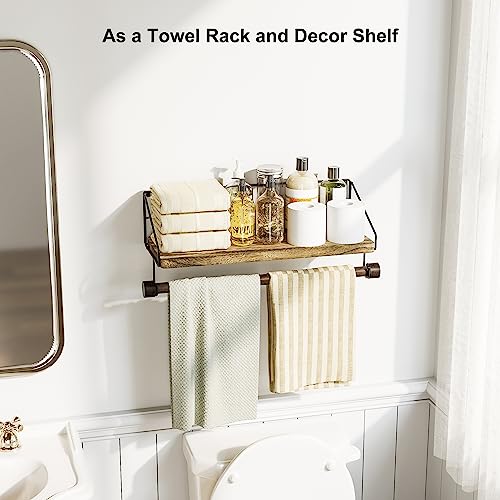 Alsonerbay Floating Shelf for Wall with Wooden Towel Bar, Carbonized Black | 8 removable hooks, rustic finish, space-saving, holds utensils & mugs, easy installation, kitchen & bathroom use - color: Carbonized Black