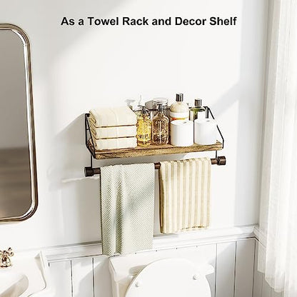 Alsonerbay Floating Shelf for Wall with Wooden Towel Bar, Carbonized Black | 8 removable hooks, rustic finish, space-saving, holds utensils & mugs, easy installation, kitchen & bathroom use - color: Carbonized Black