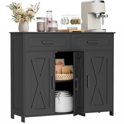 Homhedy Coffee Bar Storage Cabinet with Drawers, Kitchen Buffet Cabinet | Sideboard Cabinet with Doors, Farmhouse Buffet Cabinet, Adjustable Shelves, for Kitchen / Dining / Living Room, Black - color: Black